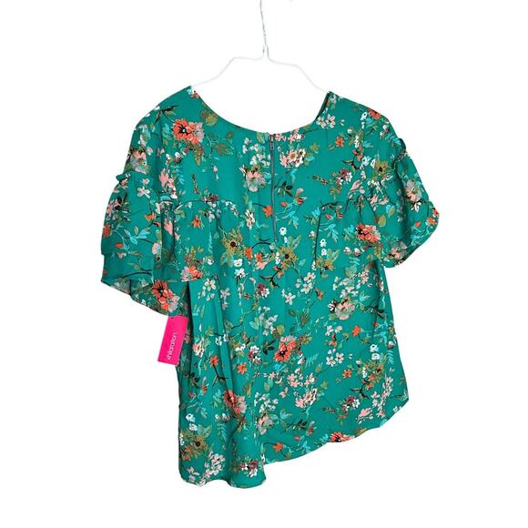 Xhilaration Floral Ruffle Blouse Short Sleeves Zipper Back Green Size L NWT - Picture 2 of 5